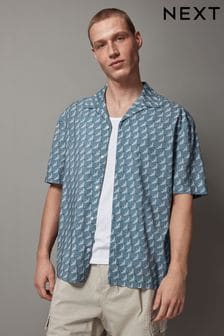 Blue Printed Short Sleeve Shirt With Cuban Collar (Q60199) | $47