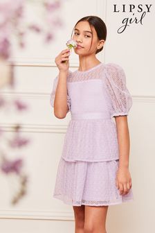 Lipsy Lilac Purple Lace Puff Sleeve Occasion Dress (5-16yrs) (Q60457) | AED317 - AED359