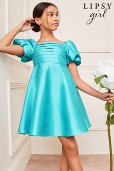 Lipsy Blue Taffeta Square Neck Occasion Dress (3-16yrs) (Q60496) | $72 - $86