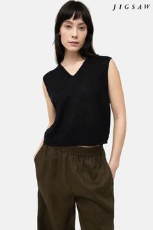 Jigsaw Black Linen Slub Cropped V Tank Top (Q60789) | $135