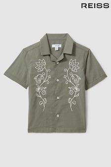 Reiss Sage/Off White Sonny Cotton Embroidered Cuban Collar Shirt (Q60936) | SGD 138