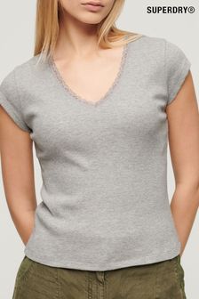 Superdry Grey Athletic Essential Lace Trim V-Neck T-Shirt (Q60951) | 114 QAR