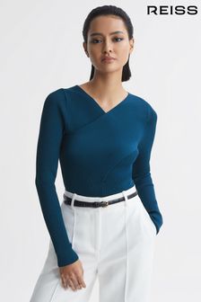 Reiss Teal Heidi Knitted Wrap Long Sleeve Top (Q60998) | AED850