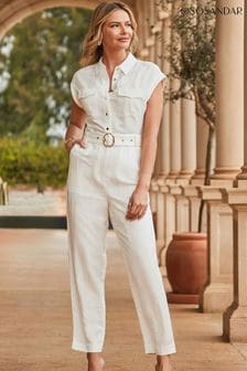 Sosandar White Linen Blend Utility Jumpsuit (Q61024) | $146