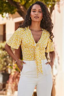Sosandar Yellow Print Ruched Detail Tie Neck Jersey Top (Q61054) | AED250