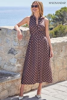 Sosandar Brown Spot Print Linen Blend Midi Shirt Dress (Q61067) | SGD 153