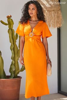 Sosandar Orange Linen Blend Angel Sleeve Midi Dress (Q61097) | AED438