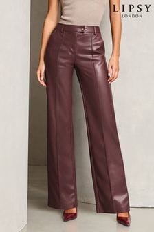 Lipsy Dark Red Faux Leather Tailored Wide Trousers (Q61178) | $74