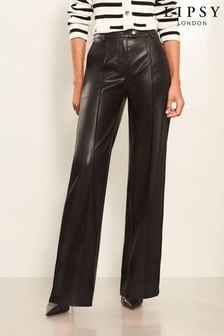 Lipsy Black Petite Faux Leather Tailored Wide Trousers (Q61426) | $56