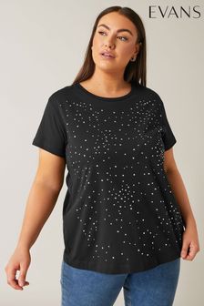 EVANS Curve White Stud Embellished Pure Cotton T-Shirt (Q61643) | AED144