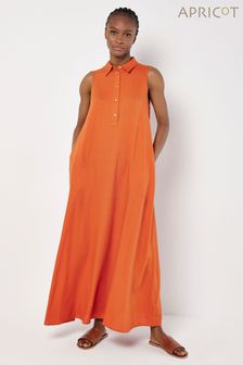 Apricot Orange Linen Blend Shirt Maxi Dress (Q62339) | KRW83,300