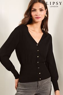 Lipsy Black Knitted V Neck Waisted Button Cardigan (Q62409) | €42