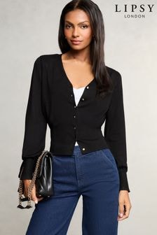 Lipsy Black Knitted V Neck Waisted Button Cardigan (Q62409) | $45