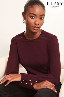 Lipsy Burgundy Red Petite Lace Insert Scallop Knit Jumper (Q62438) | $45