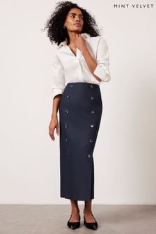 Mint Velvet Navy Cotton Button Maxi Skirt (Q62541) | €131