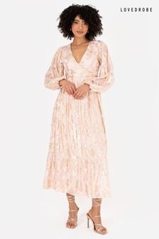 Lovedrobe Nude Long Sleeve Foiled Wrap Front Midaxi Dress