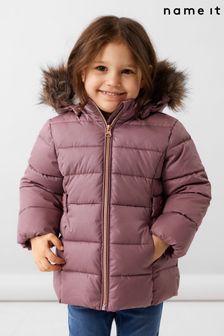 Name It Glitter Padded Coat With Detachable Faux Fur Hood