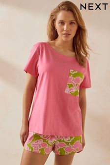 Rosa mit floralem Muster - Kurzärmeliger Baumwoll-Pyjama (Q63162) | 20 €