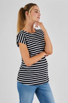 JoJo Maman Bébé Black White Stripe Boyfriend Cotton Maternity T-Shirt (Q63573) | SGD 30