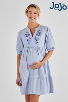 JoJo Maman Bébé Blue Tiered Embroidered Maternity Shirt Dress (Q63582) | $101