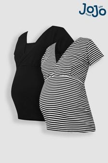 JoJo Maman Bébé Black & Black Ecru Cream Stripe 2-Pack Maternity & Nursing T-Shirts (Q63584) | $62