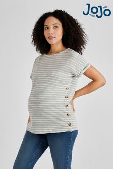 JoJo Maman Bébé Grey & Ecru Cream Stripe Drop Shoulder Maternity & Nursing T-Shirt (Q63586) | ₪ 131
