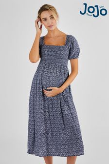 JoJo Maman Bébé Navy Blue Ditsy Shirred Maternity Midi Dress (Q63587) | $109