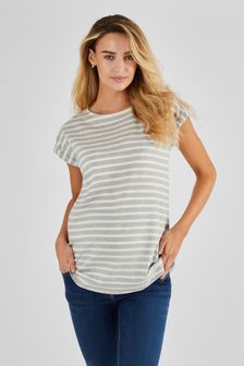 JoJo Maman Bébé Marl Grey Ecru Cream Stripe Boyfriend Cotton Maternity T-Shirt (Q63598) | SGD 30
