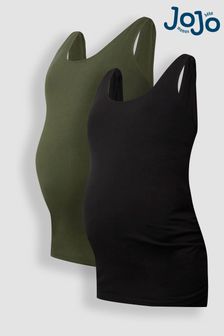JoJo Maman Bébé Khaki Green & Black 2-Pack Ruched Maternity Vest Tops (Q63617) | ￥5,280