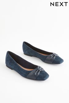 Navy Forever Comfort® Leather Square Toe Bow Ballerinas (Q63667) | OMR15