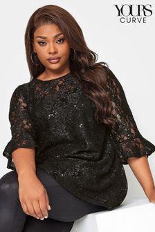 Yours Curve Black Sweetheart Neck Lace Party Swing Top (Q63773) | LEI 185