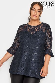 Yours Curve Blue Sweetheart Neck Lace Party Swing Top (Q63779) | €49