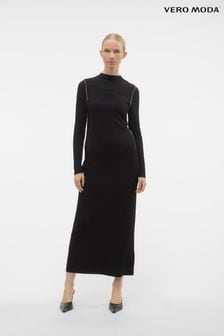 Vero Moda Ribbed Jersey Long Sleeved Maxi Dress With Contrast Stitching (Q64039) | kr700