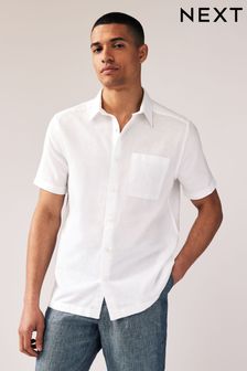 White Standard Collar Linen Blend Short Sleeve Shirt (Q64077) | $42