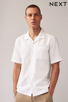White Cuban Collar Linen Blend Short Sleeve Shirt (Q64099) | LEI 186