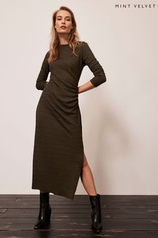 Mint Velvet Khaki Textured Midi Dress (Q64118) | €62