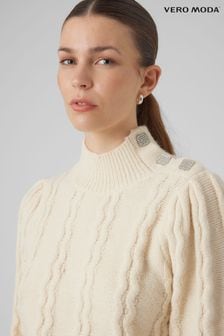 乳白色 - Vero Moda高領晶鑽紐扣針織套衫 (Q64128) | NT$1,960