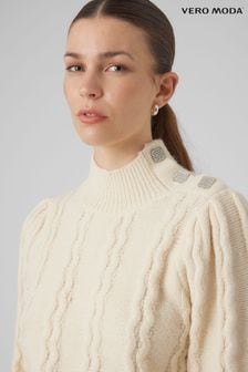 VERO MODA Cream High Neck Cable Knit Jumper with Diamante Buttons (Q64128) | €26