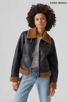 VERO MODA Black Faux Leather Zip Up Biker Jacket with Cosy Borg Lining (Q64135) | $103