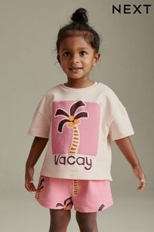 Roz cu model palmier - Set Mânecă scurtă tricou și pantaloni scurți (3 luni - 7 ani) (Q64150) | 91 LEI - 124 LEI