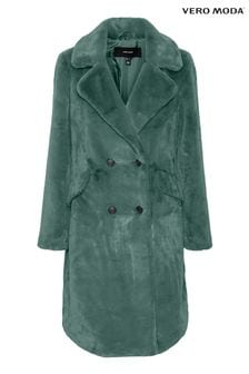 VERO MODA Green Longline Button Up Faux Fur Coat (Q64159) | kr844