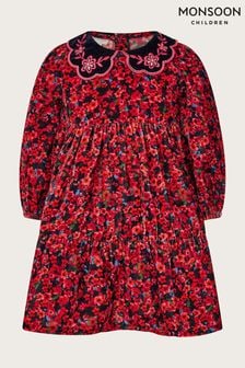 Czerwona aksamitna sukienka dziecięca Monsoon z nadrukiem w drobne kwiatki (Q64205) | 107 zł - 120 zł