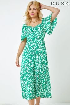 Dusk Green Floral Print Ruched Midi Dress (Q64358) | €69