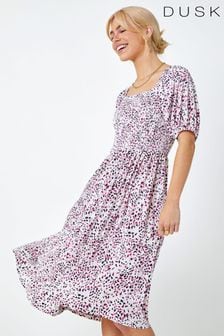 Dusk Pink Ditsy Spot Print Shirred Milkmaid Dress (Q64409) | €69
