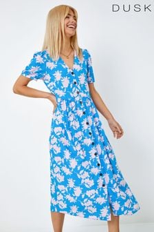 Dusk Blue Floral Print Button Down Maxi Dress (Q64413) | €77