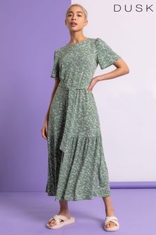 Dusk Green Ditsy Daisy Print Belted Dress (Q64431) | €60