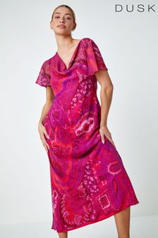 Dusk Purple Floral Print Cowl Neck Dress (Q64483) | €83