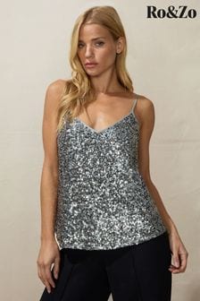Ro&Zo Natural Pewter Sequin Cami Top (Q64616) | €29