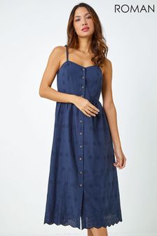 Roman Blue Cotton Blend Embroidered Stretch Dress (Q64718) | €58