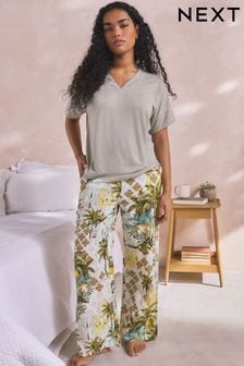 Sage Green Scene Print Linen Blend Short Sleeve Pyjamas (Q64994) | ￥4,910